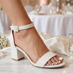 Cityclassified White Glitter Block Heel Sandals